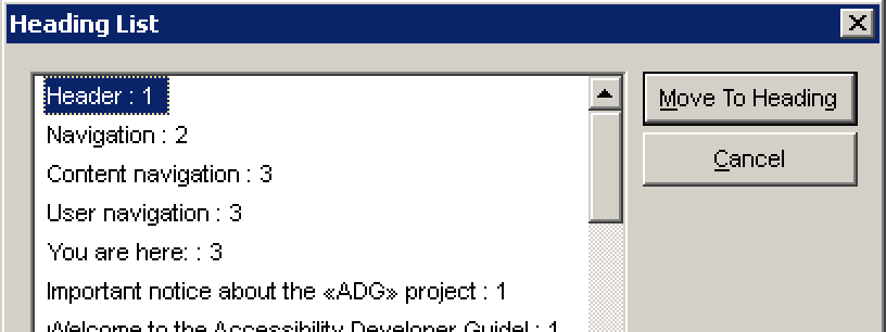 JAWS' "Heading List" dialog